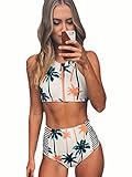 Blooming Jelly Womens Coconut Tree Print High Waist Bikini Set Bathing Suit, Multicoloured, Medium, US6=UK10=EU36