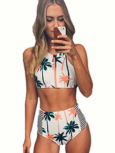Blooming Jelly Womens Coconut Tree Print High Waist Bikini Set Bathing Suit, Multicoloured, Medium, US6=UK10=EU36