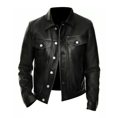 HIDE CRAFTS Classic Trucker Fashion Leather Jacket Men (US, Alpha, XX-Large, Regular, Regular, Black)