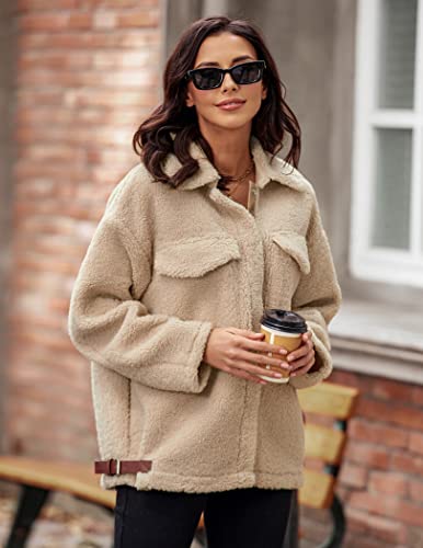 Hotouch Women's Fleece Jacket Long Sleeve Sherpa Jacket Snap Button Outwear With Pockets Winter Fashion Khaki Xxl #TOP1