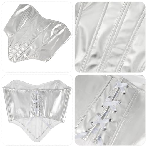 Hmxpls Corpete feminino metálico, corpete de couro, sem alças, com cadarço, desossado, decote coraçã
