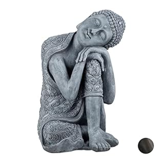 Relaxdays Buddha Ornament Sitting, 60 cm, Garden Decorative Figurine, Weatherproof, Frost-proof, Light Grey
