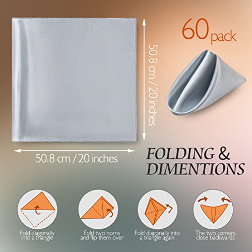 Manyshofu 60 Pieces Silver Satin Napkins - 20X20 Inches Cloth Napkins, Square Satin Fabric Napkins Set - Elegant & Reusable Table Napkins For Wedding Dinner Party Lunch Banquet Restaurant Decoration #TOP3