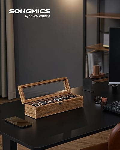SONGMICS Uhrenbox mit 6 Fächern, Uhrenkasten aus Massivholz, mit Glasdeckel, Uhrenkissen, Geschenk für Ihre Liebsten, walnussfarben JOW006K01