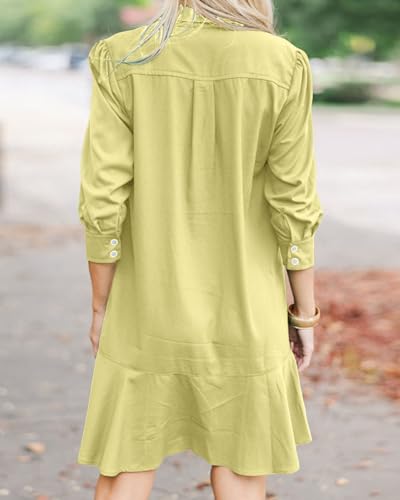 Image of YEXPINE Women's Tunic Mini Shirt Dress Cotton Linen Long Sleeve Button Up Ruffle Hem Loose Casual Summer Pockets Shift Dress