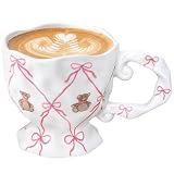 Cute Coffee Mug with Pink Bow Bear, Handmade Kawaii 14 oz Ceramic Mug for Tea Milk Latte Cocoa Funky Novelty Porcelain Cup Birthday Mothers Day Gifts for Women, Valentines Day Gifts