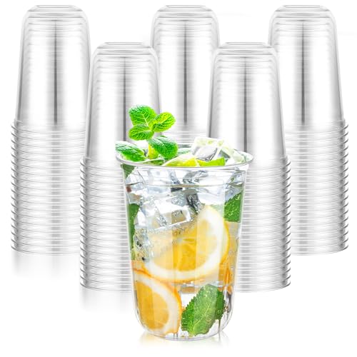 KesaPlan 100 Pcs 16oz Clear Plastic Cups Disposable Wine Cups Round Bottom Stemless Disposable Wine Glasses for Cocktails Birthdays Weddings Party Supplies