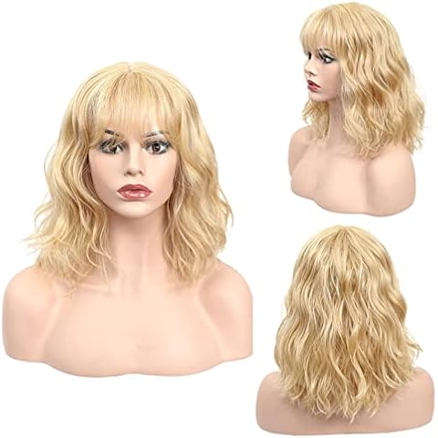 X-Tress Short Blonde Wig with Bangs for Women 15" Synthetic Hair Curly Wavy Hair Costume Cosplay Wig None Lace Wig Curly Wavy Hair Soft to Touch Gold Yellow Wig for Lady(Gold) Cover