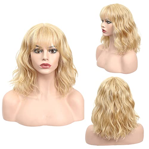 X-Tress 15" Blonde Perücke Mit Fransen Für Frauen Kurze Bob-Perücke Seidig Weiches Haar Perücke Dame Synthetische Perücken Halloween-Perücke(Gold) Cover