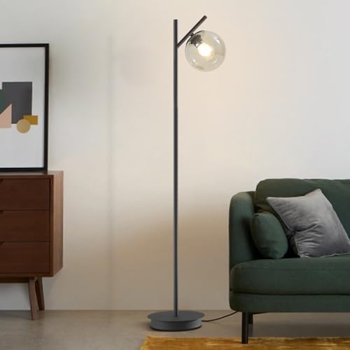 Image of Vintage Floor Lamp for Living Room Mid Century Black Floor Freestanding Lamp Farmhouses Cognac Glass Globe Standing Tall Pole Lamp for Study Room Hotel Bedroom