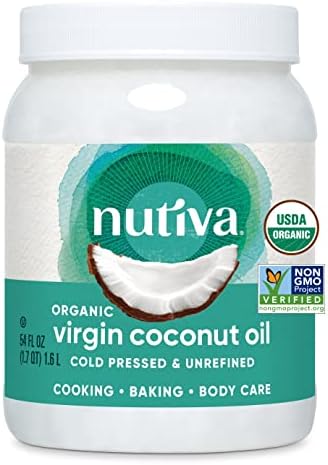 Nutiva Organic Coconut Oil 54 fl oz, Cold-Pressed, Fresh Flavor for Cooking Oil, Natural Hair Oil, Skin Oil, Massage Oil and, Non-GMO, USDA Organic, Unrefined Extra Virgin Coconut Oil (Aceite de Coco)