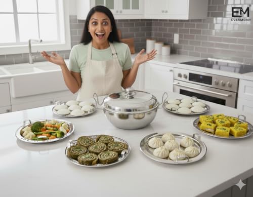 Image of Stainless Steel Multi-Purpose Idli Maker & Steamer for Kitchen | 6 Plates (2 Idli, 2 Dhokla,1 Mini Idli, 1 Steamer) | Induction & Gas Compatible Multi Kadai | Steamer for Momos, Modak & Vegetables | Heavy Bottom SS 304