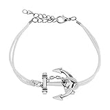 beyoutifulthings Wickel-Armband GROSSER Anker Länge 250mm Breite 2,89mm verstellbar Karabinerverschluss Echt-Leder Edelstahl Seil Maritim Weiss