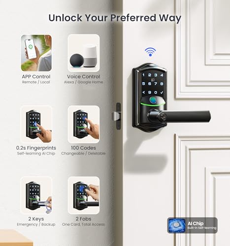 Image of Veise VE029 WiFi Smart Lever Lock, Fingerprint Keyless Entry Door Lock with Handle, Built-in WiFi, Remote App Control, Electronic Digital Knob for Front Door and Bedroom, IP65 Waterproof, Matte Black