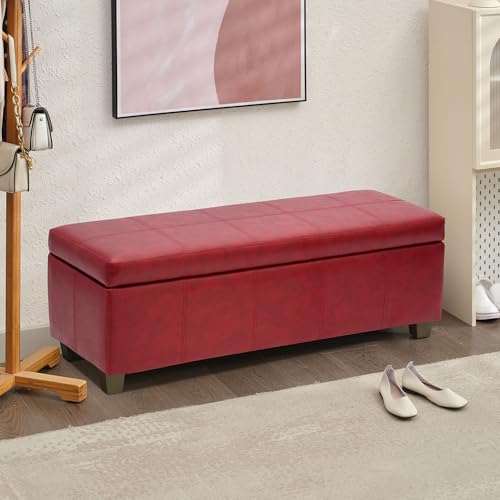 Image of 51 Inch Storage Ottoman, Storage Bench with Safety Hinge, Upholstered Synthetic Leather Ottoman Bench for Bedroom, Living Room, Entryway, Hallway, Foot Rest, Support 500lbs