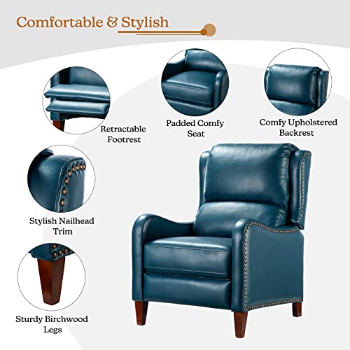 Hulala Home Genuine Leather Recliner Chair, Modern Push Back Recliner Chair With Adjustable Backrest & Footrest, Casual Single Leather Sofa Armchair Upholstered Club Chair For Living Room, Turquoise #TOP4
