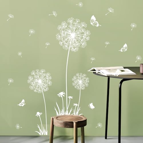 Image of 2 Sheets Dandelion Wildflower Wall Decals Art, Wall Stickers Peel and Stick Floral Butterflies Flying Decor for Girls Kids Women Baby Nursery Living Room Bedroom Bathroom Hallway Stairwell (White)