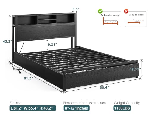 Image of EnHomee Full Bed Frame with 6 Storage Drawers, Charge Station,Noise-Free