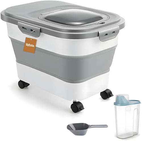 Foldable Pet Food Storage Container with Wheels, Scoop & 2.5L Bin | Airtight rolling food storage set with collapsible design and secure lids for dogs, cats and small animals.