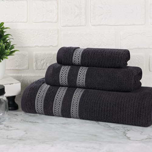 SUPERIOR Cotton 3-Piece Towel Set, Zero Twist, Ribbed Geometric, Bathroom Essentials, Shower, Spa, Luxury Plush Soft Absorbent Towels, Includes 1 Bath, 1 Hand, 1 Washcloth/Face Towel, Black