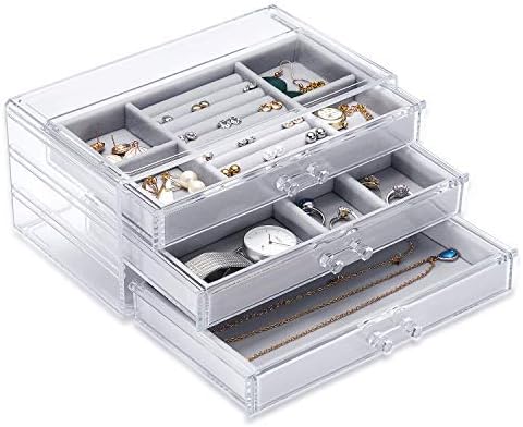 Basuwell Jewellery Box 3 Drawers, Velvet Jewellery Organiser Rings Necklaces Bracelets Display Case Clear Acrylic Jewellery Box Earring Holder Gift for Women, Girls (Grey)