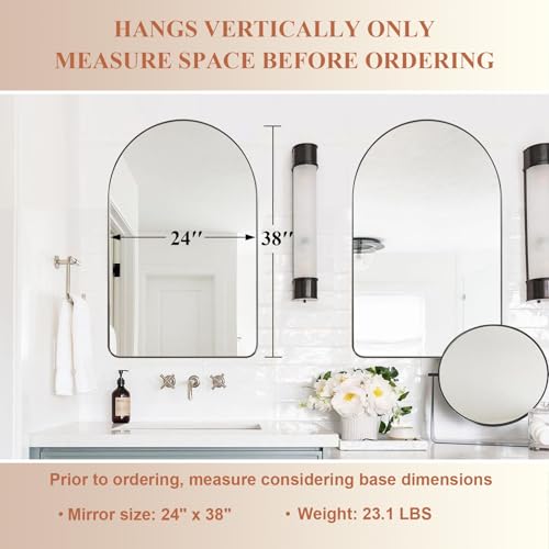 Image of ANDY STAR Arched Wall Mirror, 24 x 38 Inch Brushed Nickle Bathroom Mirror in Stainless Steel Metal Frame, Arch Top Rounded Corner 1 Inch Deep Set Design Wall Mount Hangs Vertical