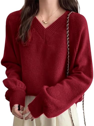 LIYURLTA ニット レディース セーター リブ パフスリーブ 長袖 Vネック 柔らか 体型カバー おしゃれ シンプル カジュアル 通勤 トップス 秋 冬 LIY64 (JP, アルファベット, Free Size, レッド)