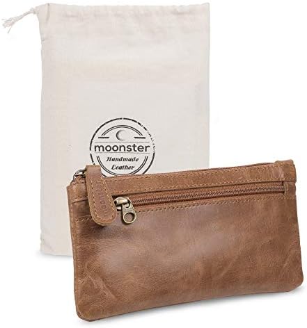 moonster Leather Pencil Case, Beautifully Handcrafted Zippered Pouch Thats Made to Last, Elegant, Practical Pencil Cases for Adults & Students, Unique Design with Side Pocket & Keyring 20x10cm