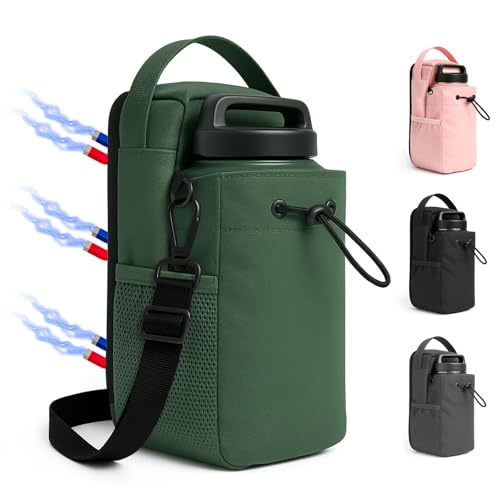 Magnetic Fitness water Bottle Bag, Safety Lockable Zipper Buckle, Convenient For Travel And Adjustable Belt, Large-Capacity Fitness Water Cup Sleeve, Portable Crossbody Bag (Military green) by BYDGUMEI - Used condition - US$12.42