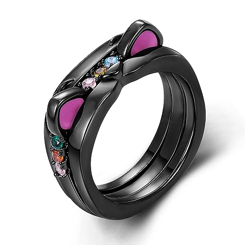 Hapour Anillo de plata de ley 925 para mujer, lindo anillo de gato negro, anillo de boda de eternidad, encantador anillo de animal de gato, anillo de promesa de aniversario
