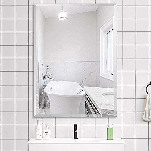 PexFix 24''X36‘’ Frameless Rectangle Wall-Mounted Mirror with Beveled Polished Edge Rectangular Bathroom Mirror