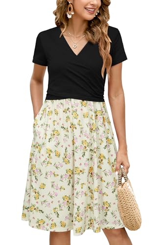 Image of OUGES Maternity Nursing Dress Breastfeeding Short Sleeve V Neck Casual Pregnancy Clothes with Pockets