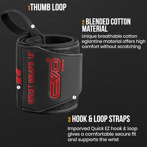 EVO Fitness Pair of 18” Deep Black Weight Lifting Wrist Wraps Support Elasticated Cotton Straps Thumb Loop Powerlifting Bodybuilding Strength Gym Training Workout (Black/Red)