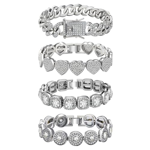 BONJOULRY Chunky Gold Bangle Bracelet Set Stack for Women Men Stretchy Snake Link Chain Flexible Wide Wristband Bangles Bracelets, Medium, Stainless Steel, Rhinestone