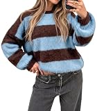 Fisoew Womens Oversized Striped Fuzzy Sweaters Lantern Sleeve Pullover Tops