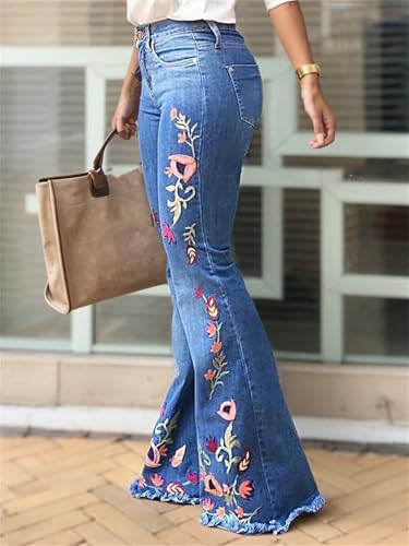 Womens High Waisted Skinny Flare Jeans Floral Embroidery Bell Button Design Stretch Denim Pants with Pockets2
