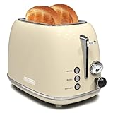 Toaster 2 slice, KitchMix Retro Stainless Steel Toaster with 6 Settings, 1.5 In Extra Wide Slots, Bagel/Defrost/Cancel Function, Removable Crumb Tray (Cream)