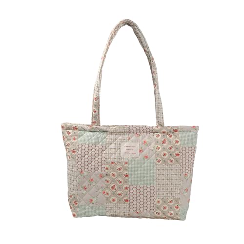 Image of Floral Quilted Cotton Shoulder Bag for Women Daily Use Medium Size Handbag Large Capacity Thickened Design Tote