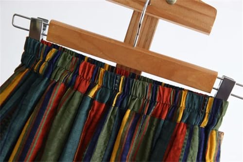 Women Colorful Striped Midi Skirt Vintage High Waist Casual Cotton Linen A-Line Skirts3