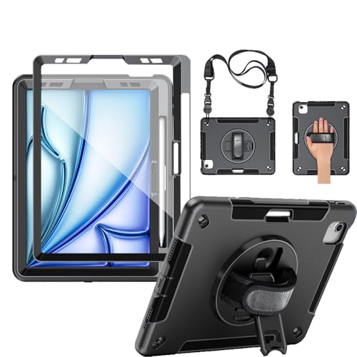 Coque iPad Air 11 Pouces M4 Protège Écran Étui Antichoc Dragonne Support Rotatif Porte-Stylet