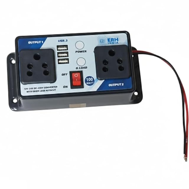 ERH India Compact 100 Watt DC to AC Converter 12V 24V to 220V Inverter with 3 USB Ports for Car, Bus, Truck, E-Rickshaw, Solar Panels view 1