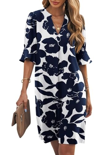 Wkior Shift Dress for Women V Neck Short Sleeves Solid Color Casual Flowy Summer Dresses(S-2XL)