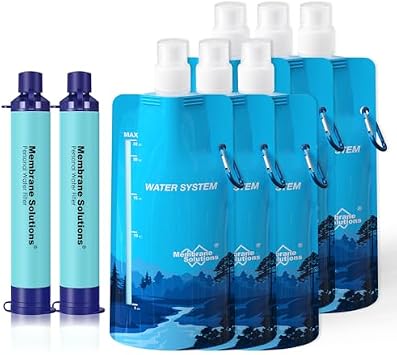 Membrane Solutions Squeezable Water Filtration System, Survival Water Purifier Kit, Portable Backpacking Gear Including Water Filter Straw and 23oz Collapsible Bottle for Hiking Camping Travel2+6