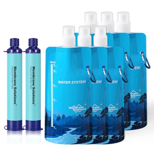 Membrane Solutions Squeezable Water Filtration System, Survival Water Purifier Kit, Portable Backpacking Gear Including Water Filter Straw and 23oz Collapsible Bottle for Hiking Camping Trav