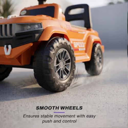 Image of Baybee Speedy Baby Ride on Car for Kids | Push Toy Cars with High Backrest | Portable Kids Car with LED Lights, Music & Storage Basket | Toddler Rideons Jeep for 1 to 3 Years Boys Girls (Orange)
