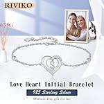 RIVIKO Heart Initial Bracelets for Women,925 Sterling Silver Letter Bracelets, Personalized Charm Alphabet Jewelry Valentines Christmas Anniversary Birthday Gifts for Women Friend Her Mom Wife Lady - Image 3