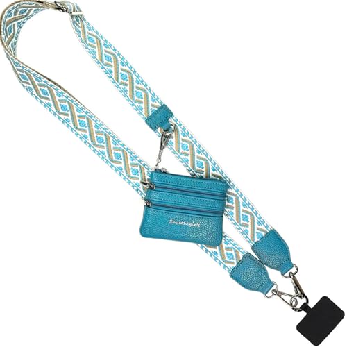 Image of Save the Girls XOXO Clip and Go Phone Strap (Peacock Blue - Peacock Blue Pouch) - Crossbody Phone Strap Chain with Zipper Wallet Pouch - Phone Lanyard Zippered