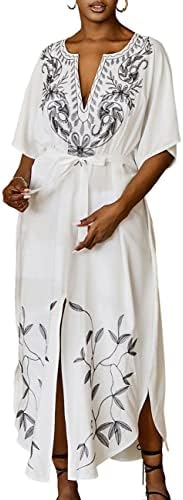Bsubseach Women Embroidery Short Sleeve Bikini Swimsuit Cover Up Side Split Beach Kaftan Dress