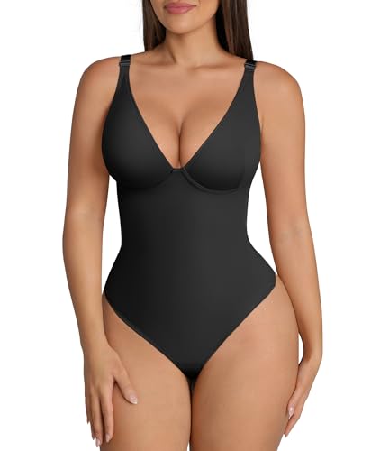 FeelinGirl Shapewear Bodysuits for Women Tummy Control Black Thong Body Suits Corset Top Deep V Neck Body Shaper, Black, Medium