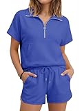 DATAMOUNT Womens Two Piece Sets Summer Lounge Sets Zipper V Neck Short Sleeve Tops Shorts Sweatsuits with Pocket(Royal Blue,L)